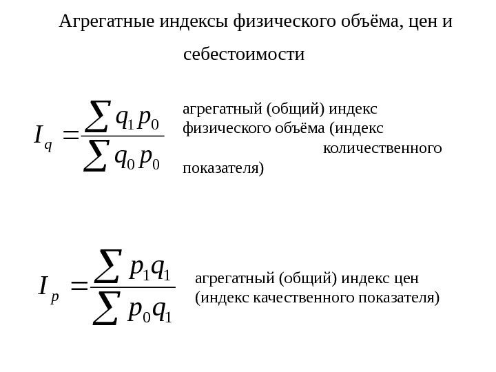  Агрегатные индексы физического объёма, цен и себестоимости 00 01 pq pq Iq 