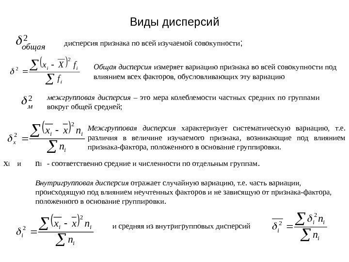   Виды дисперсий 2 общая  дисперсия признака по всей изучаемой совокупности ;