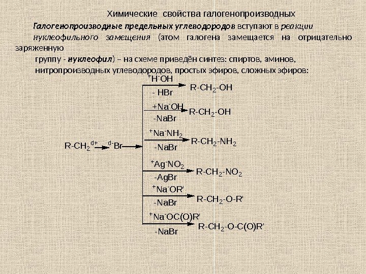 Химические свойства галогенопроизводных Галогенопроизводные предельных углеводородов вступают в реакции нуклеофильного замещения  (атом галогена