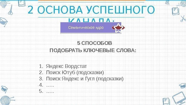 2 ОСНОВА УСПЕШНОГО КАНАЛА: 5 СПОСОБОВ ПОДОБРАТЬ КЛЮЧЕВЫЕ СЛОВА:  Семантическое ядро 1. Яндекс