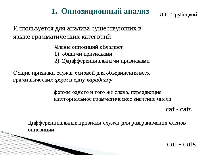 1.  Оппозиционный анализ И. С. Трубецкой Используется для анализа существующих в языке грамматических