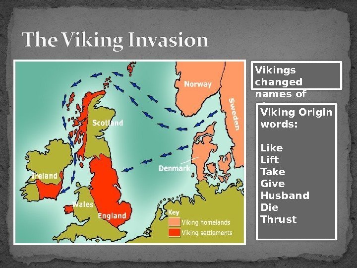 Vikings changed names of places Viking Origin words: Like Lift Take Give Husband Die