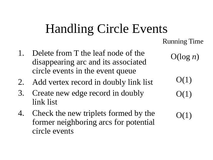   Handling Circle Events 1. Delete from T the leaf node of the