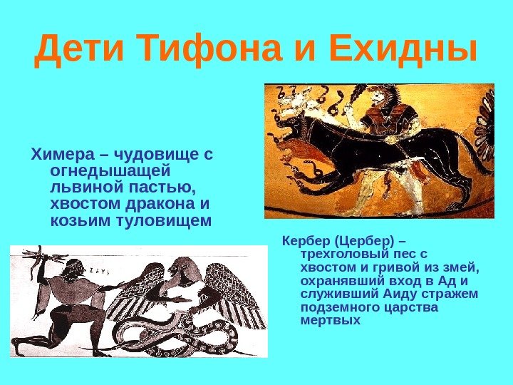 Дети Тифона и Ехидны Химера – чудовище с огнедышащей львиной пастью, хвостом дракона Дети Тифона и Ехидны Химера – чудовище с огнедышащей львиной пастью, хвостом дракона