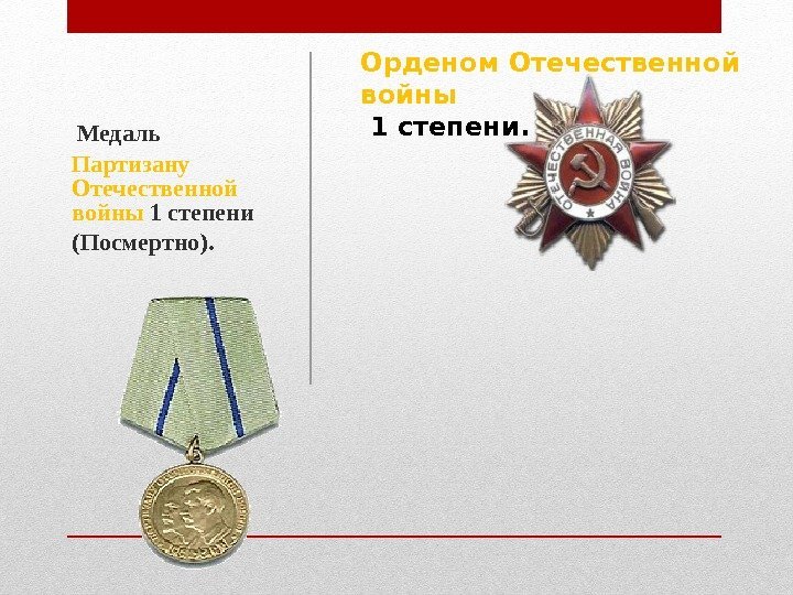  Медаль Партизану Отечественной войны 1 степени (Посмертно). Орденом Отечественной войны  1 степени.
