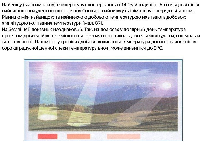 Найвищу (максимальну) температуру спостерігають о 14 -15 -й годині, тобто невдовзі після найвищого полуденного