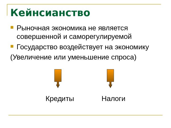 Кейнсианство  Рыночная экономика не является совершенной и саморегулируемой  Государство воздействует на экономику