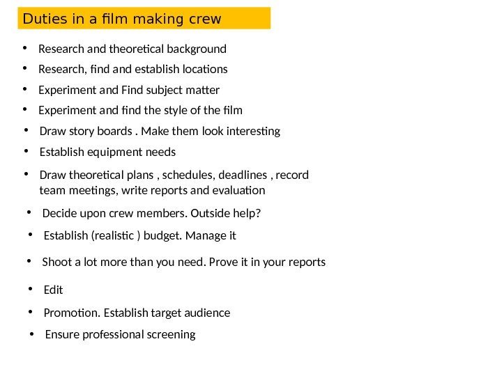 Duties in a film making crew • Research and theoretical background • Research, find