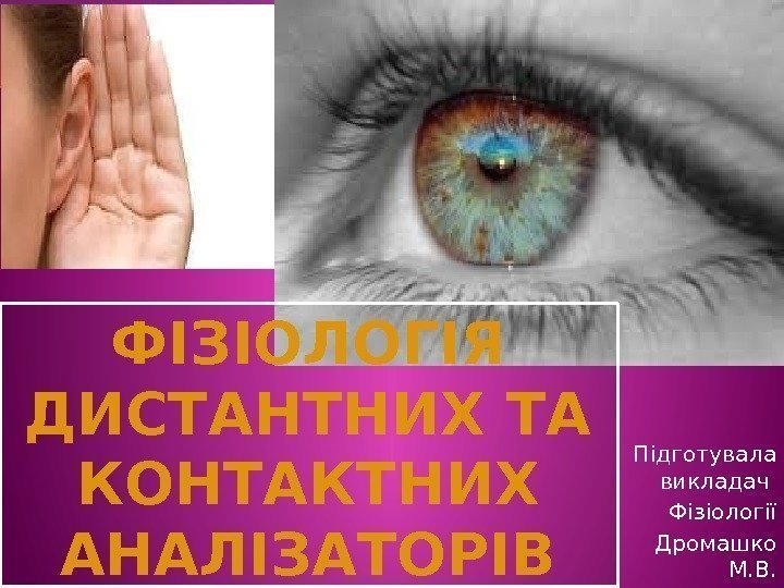 Підготувала викладач Фізіології Дромашко М. В. ФІЗІОЛОГІЯ ДИСТАНТНИХ ТА КОНТАКТНИХ АНАЛІЗАТОРІВ 