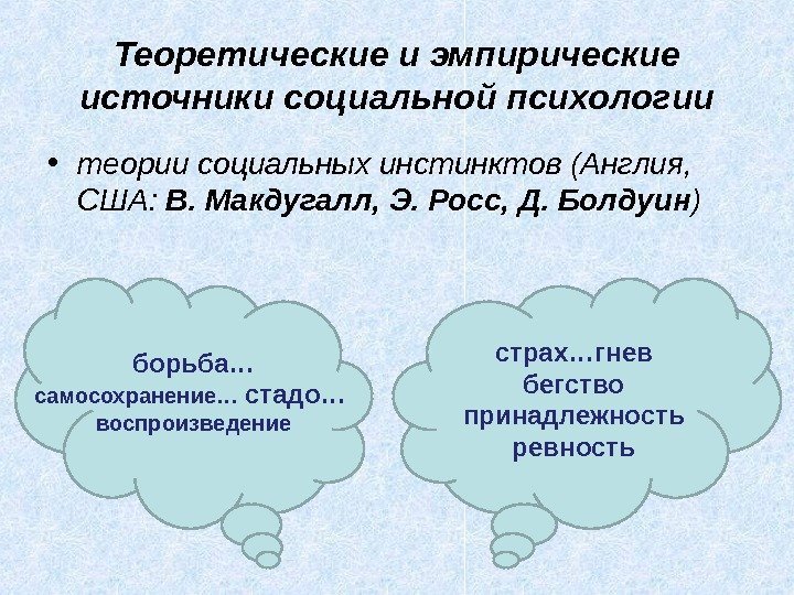 Теоретические и эмпирические источники социальной психологии • теории социальных инстинктов (Англия,  США: 