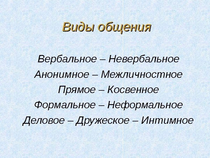 Виды общения Вербальное – Невербальное Анонимное – Межличностное Прямое – Косвенное Формальное – Неформальное