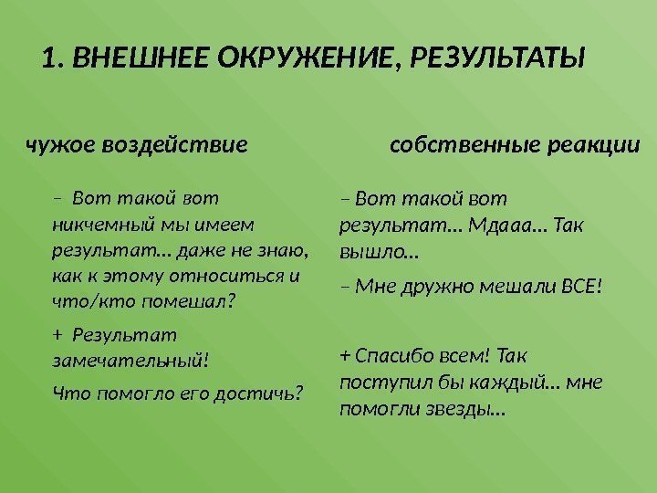 1. ВНЕШНЕЕ ОКРУЖЕНИЕ, РЕЗУЛЬТАТЫ чужое воздействие –  Вот такой вот никчемный мы имеем