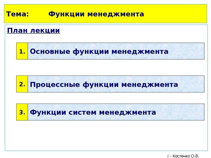 Тема: Функции менеджмента План лекции 1. Основные функции менеджмента 2. Процессные функции менеджмента 3.