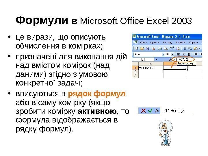 Формули в Microsoft Office Excel 2003 • це вирази, що описують обчислення в комірках;