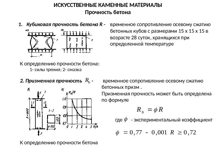ИСКУССТВЕННЫЕ КАМЕННЫЕ МАТЕРИАЛЫ Прочность бетона 1. Кубиковая прочность бетона R -  К определению