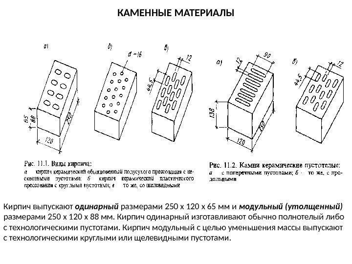 КАМЕННЫЕ МАТЕРИАЛЫ Кирпич выпускают одинарный размерами 250 x 120 x 65 мм и модульный