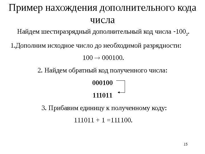 1515 Пример нахождения дополнительного кода числа Найдем шестиразрядный дополнительный код числа  100 2.