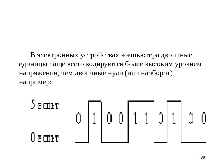 30 В электронных устройствах компьютера двоичные единицы чаще всего кодируются более высоким уровнем напряжения,