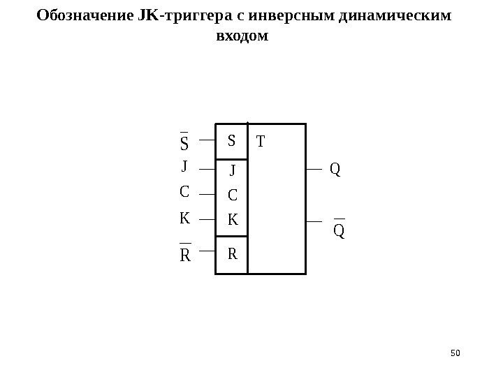 50 Обозначение JK-триггера с инверсным динамическим входом  T S R J C K