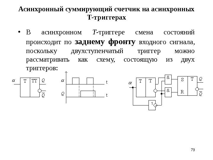 Асинхронный суммирующий счетчик на асинхронных Т-триггерах • В асинхронном Т -триггере смена состояний происходит