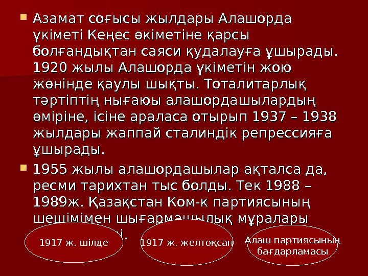   Азамат соғысы жылдары Алашорда үкіметі Кеңес өкіметіне қарсы болғандықтан саяси қудалауға ұшырады.