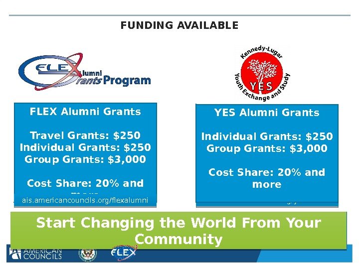 FUNDING AVAILABLE FLEX Alumni Grants Travel Grants: $250 Individual Grants: $250 Group Grants: $3,