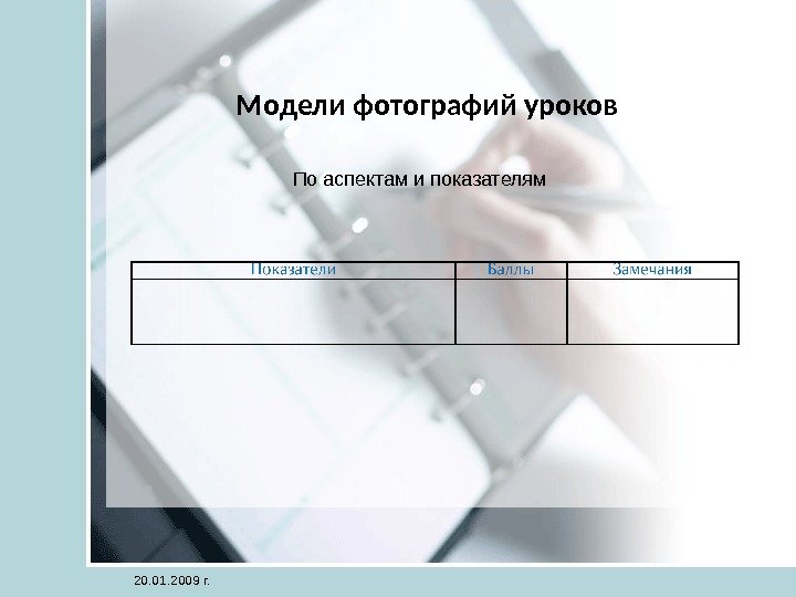 20. 01. 2009 г. Модели фотографий уроков По аспектам и показателям 