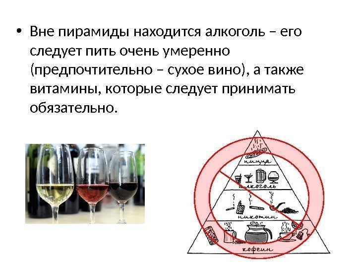  • Вне пирамиды находится алкоголь – его следует пить очень умеренно (предпочтительно –