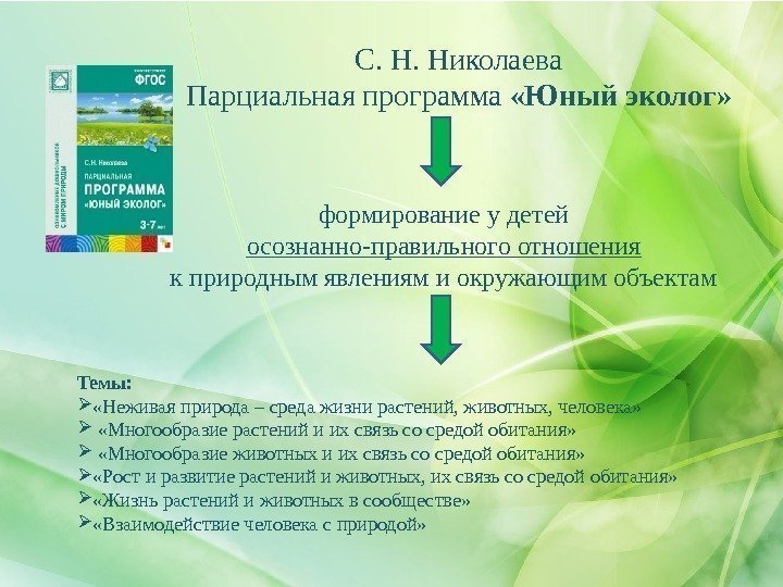 С. Н. Николаева Парциальная программа  «Юный эколог»   формирование у детей осознанно-правильного