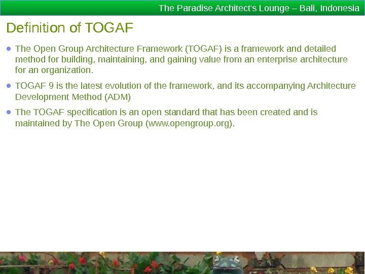 The Paradise Architect's Lounge – Bali, Indonesia Definition of TOGAF ● The Open Group