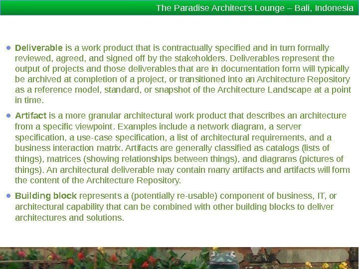 The Paradise Architect's Lounge – Bali, Indonesia ● Deliverable is a work product that