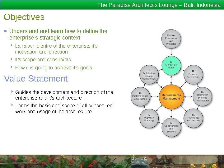The Paradise Architect's Lounge – Bali, Indonesia Objectives ● Understand learn how to define