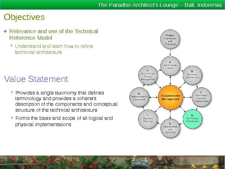 The Paradise Architect's Lounge – Bali, Indonesia Objectives ● Relevance and use of the