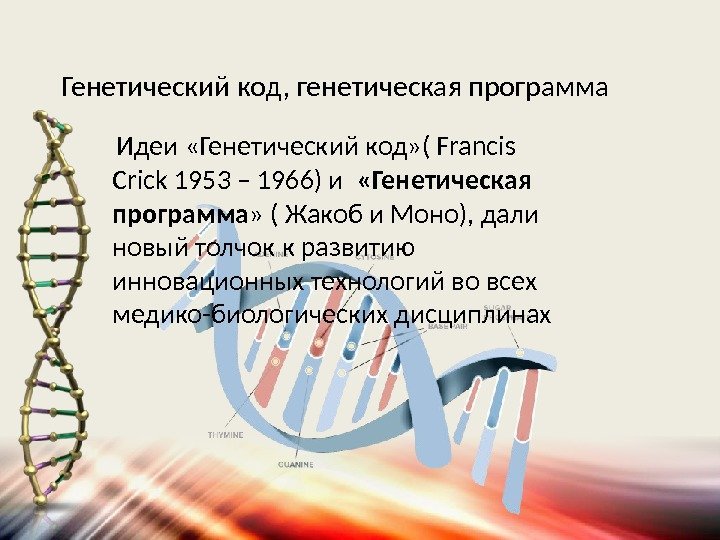 Генетический код, генетическая программа  Идеи «Генетический код» ( Francis Crick 1953 – 1966)