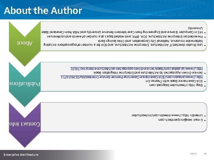1/25/17   18  Enterprise Architecture About the Author. About • Leo Shuster