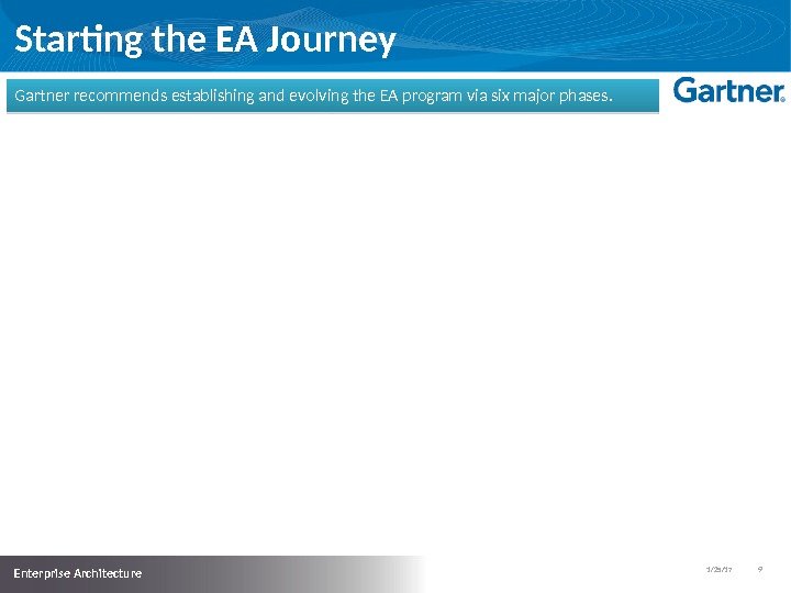1/25/17   9  Enterprise Architecture Starting the EA Journey Gartner recommends establishing