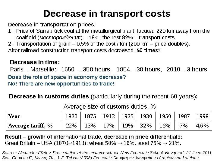 Decrease in transport costs Decrease in transportation prices : 1. Price of Sarrebrück coal