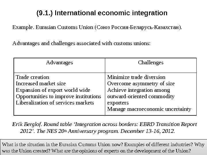 (9. 1. ) International economic integration Example. Eurasian Customs Union (Союз Россия-Беларусь-Казахстан). Advantages and