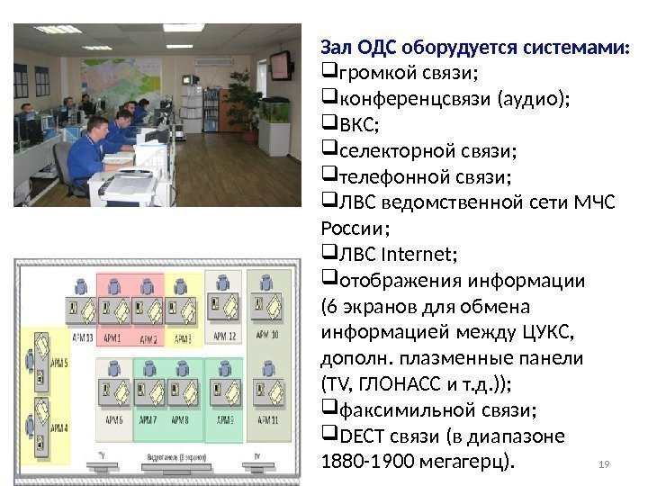 Зал ОДС оборудуется системами:  громкой связи;  конференцсвязи (аудио);  ВКС;  селекторной