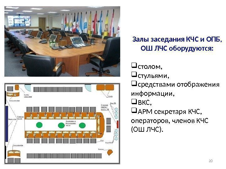 Залы заседания КЧС и ОПБ,  ОШ ЛЧС оборудуются:  столом,  стульями, 