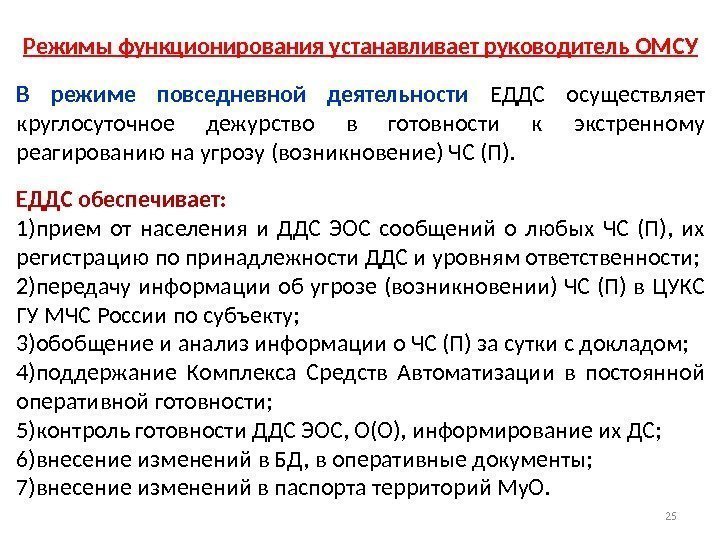 25 Режимы функционирования устанавливает руководитель ОМСУ В режиме повседневной деятельности ЕДДС осуществляет круглосуточное дежурство