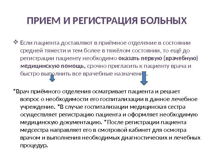 ПРИЕМ И РЕГИСТРАЦИЯ БОЛЬНЫХ Если пациента доставляют в приёмное отделение в состоянии средней тяжести