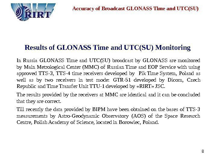 8 Results of GLONASS Time and UT C (SU) Monitoring In Russia GLONASS Time