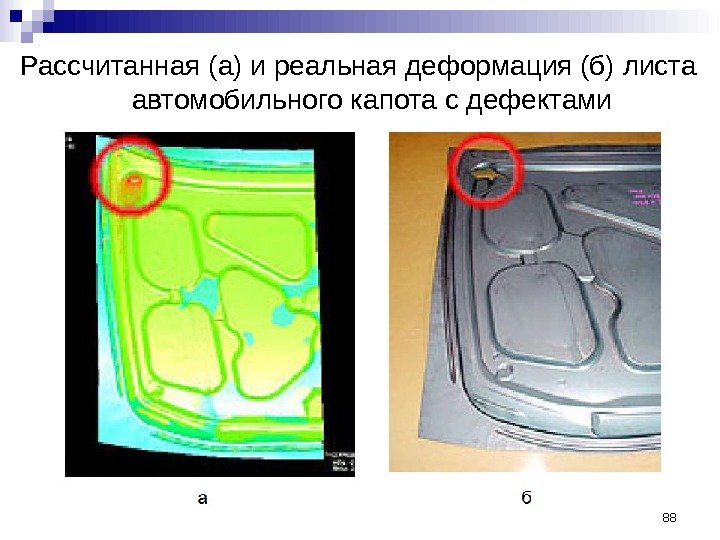 88 Рассчитанная (а) и реальная деформация (б) листа автомобильного капота с дефектами 