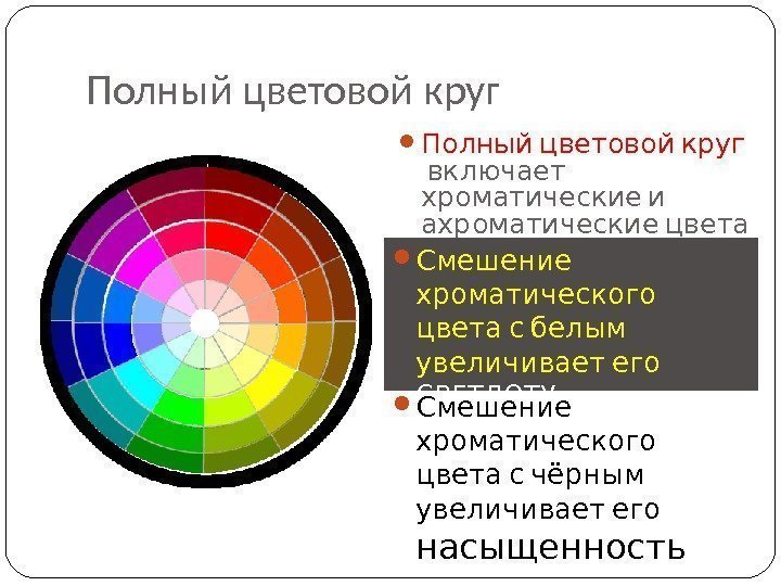 Полный цветовой круг включает хроматические и  ахроматические цвета  Смешение  хроматического 