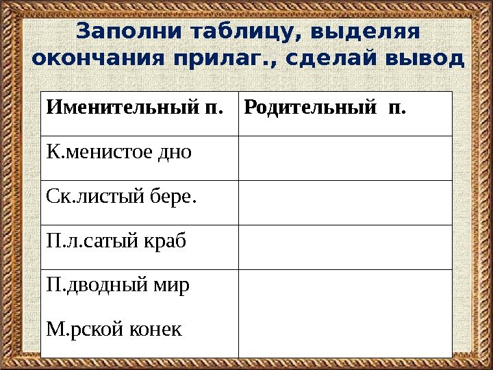 Заполни таблицу, выделяя окончания прилаг. , сделай вывод Именительный п. Родительный п. К. менистое