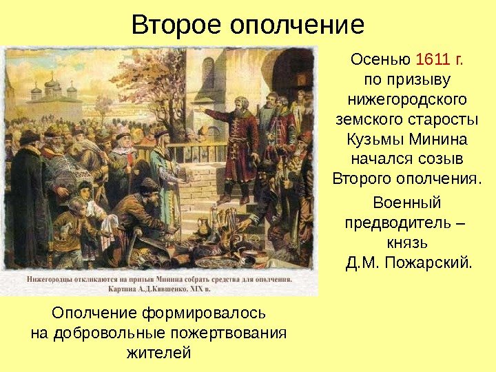   Второе ополчение Осенью 1611 г. по призыву нижегородского земского старосты Кузьмы Минина
