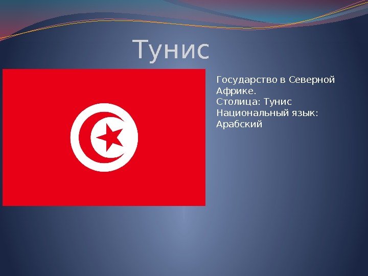 Тунис Государство в Северной Африке.  Столица: Тунис Национальный язык:  Арабский 