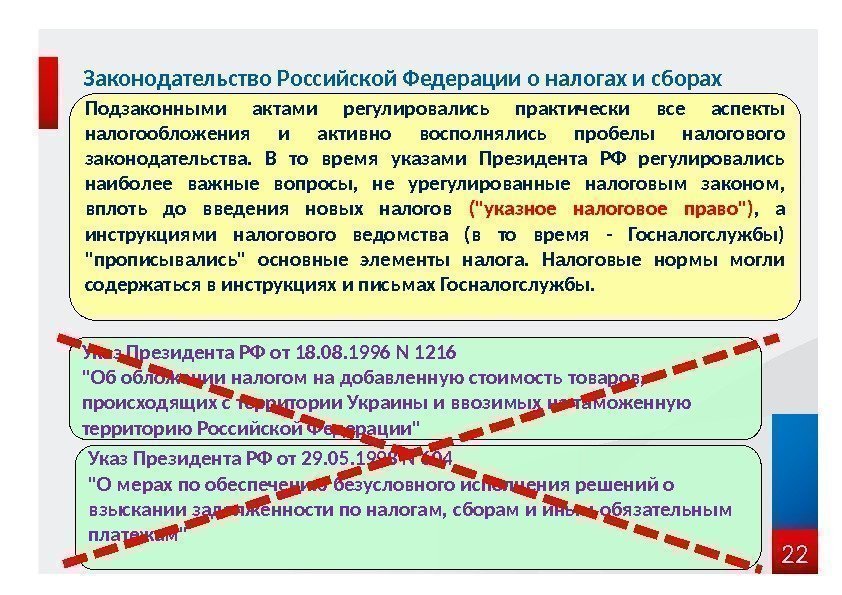 22 Законодательство Российской Федерации о налогах и сборах Указ Президента РФ от 18. 08.
