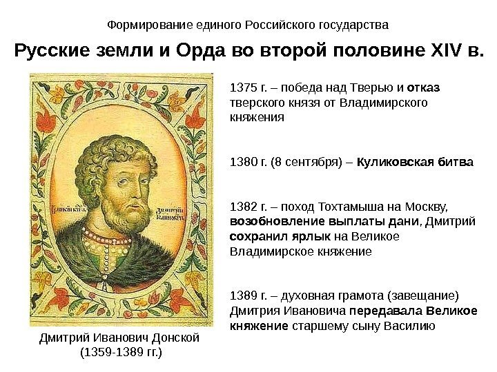 Дмитрий Иванович Донской (1359 -1389 гг. ) Формирование единого Российского государства Русские земли и